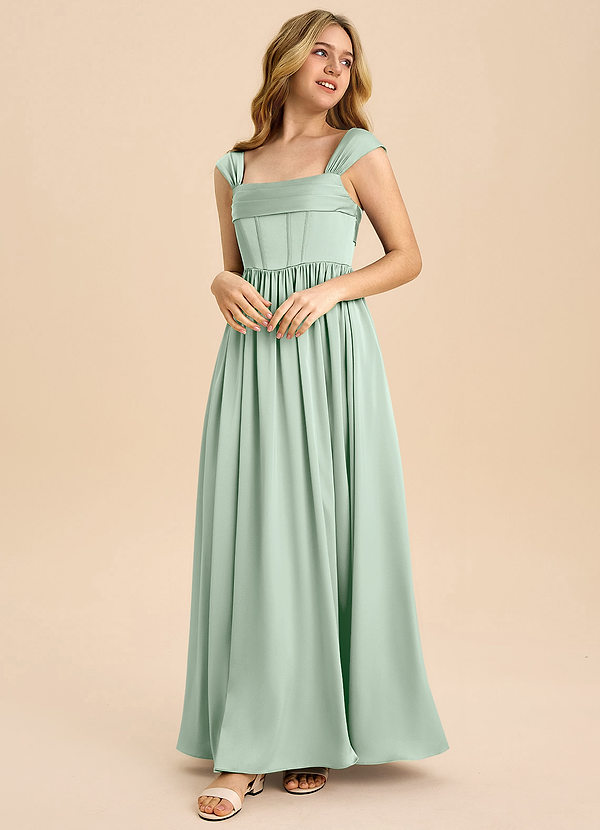 Azazie Hattie Junior Agave A-Line Pleated Stretch Satin Dress image1