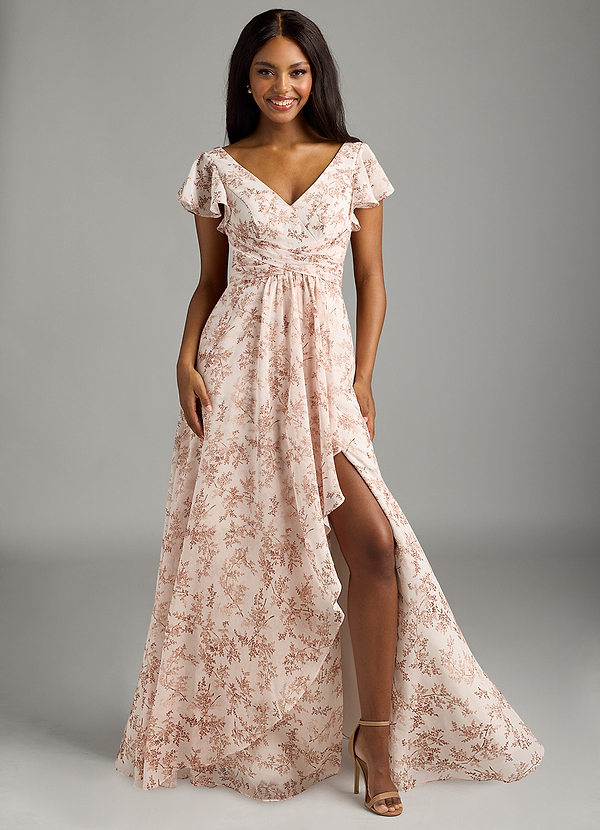 Azazie Omari Bridesmaid Dresses Pink Fern Floral A-Line Chiffon Dress image1