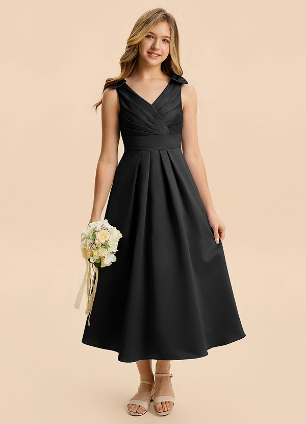 Azazie Polly Junior Vestido de Negro de Satén Elástico de Corte en A con Plisado image1