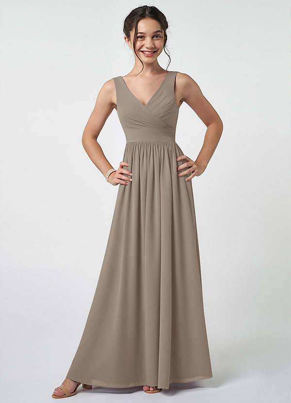 Azazie Keyla Junior Abito A-Line in Chiffon Plissettato Taupe image1