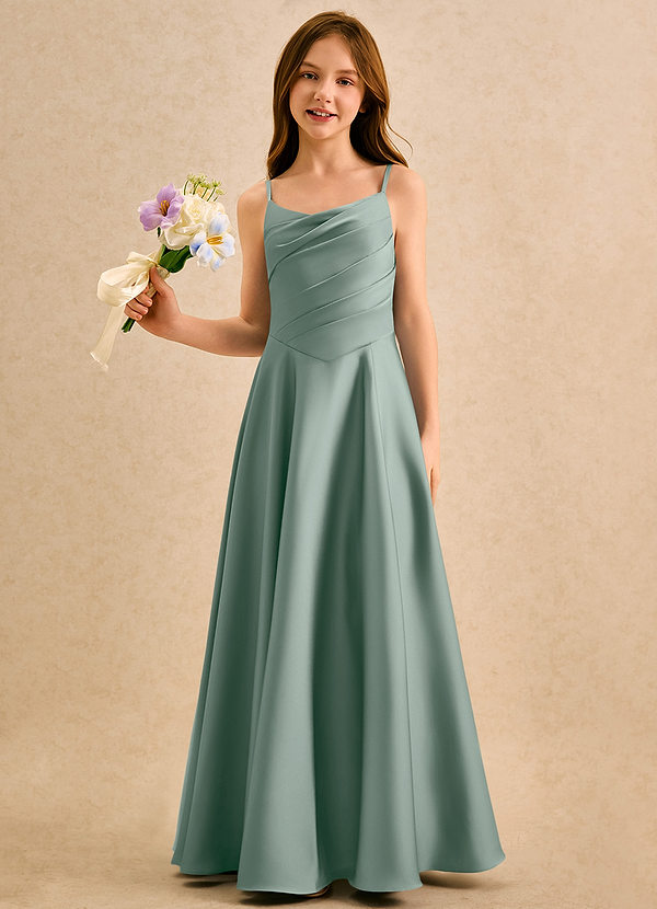 Azazie Coconut Girls Formal Abiti da Ragazza di Fiori Abito A-Line in Raso Elasticizzato Plissettato Salvia Argentata image1