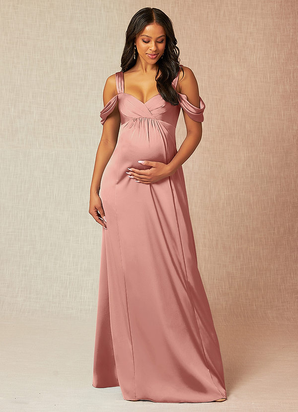 Azazie Rhea Vestidos de dama de honor de maternidad Vestido de Corte En A Off The Shoulder Plisado Hasta el suelo Satén Elástico image1