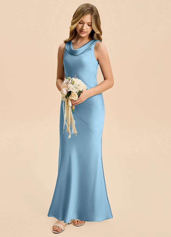 Azazie Rylina Junior Steel Blue Mermaid Stretch Satin Dress image1