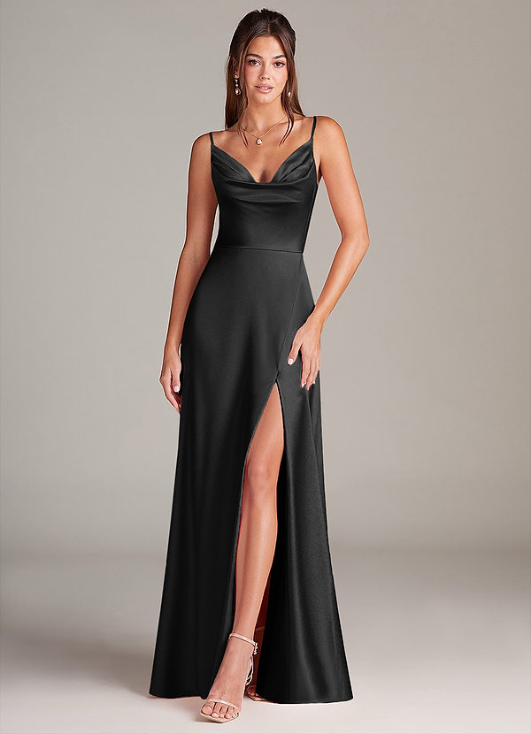 Azazie Sarella Vestido Invitada Boda Vestido de Negro de Satén Metálico de Corte en A con Con bolsillos image1