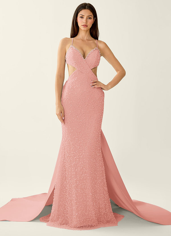 Lunemma Rosa Rosa Vestido de fiesta de sirena con escote en V y espalda descubierta adornado con cuentas image1