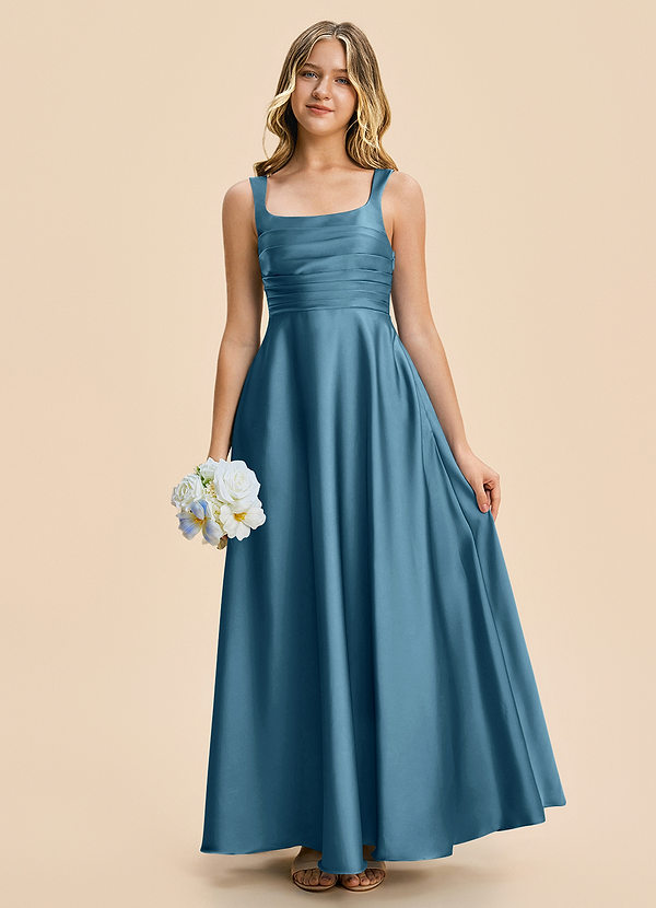 Azazie Azaria Junior A-Linie Plissee Stretch-Satin Kleid Bermudablau image1