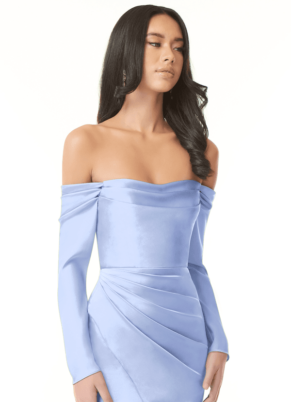 Azazie Hallie Bruidsmeisjes Jurken Converteerbaar Jurk van Stretch Satijn met Zeemeermin Off-the-shoulder lange mouw Ijs image1