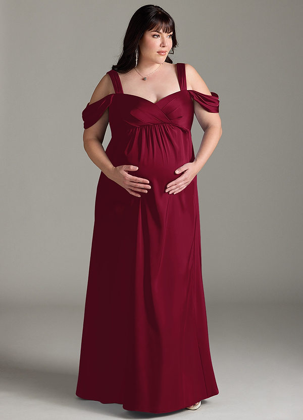 Azazie Rhea Robe demoiselle d'honneur enceinte Robe Trapèze Épaule nue plissée Longueur ras du sol Satin extensible image1