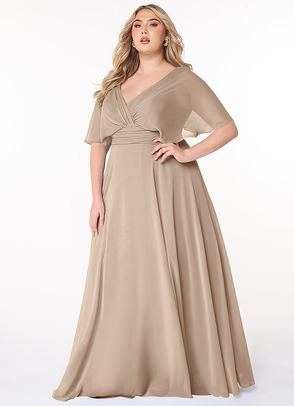 Azazie Pamela Bridesmaid Dresses Taupe A-Line V-Neck Pleated Chiffon Dress image1
