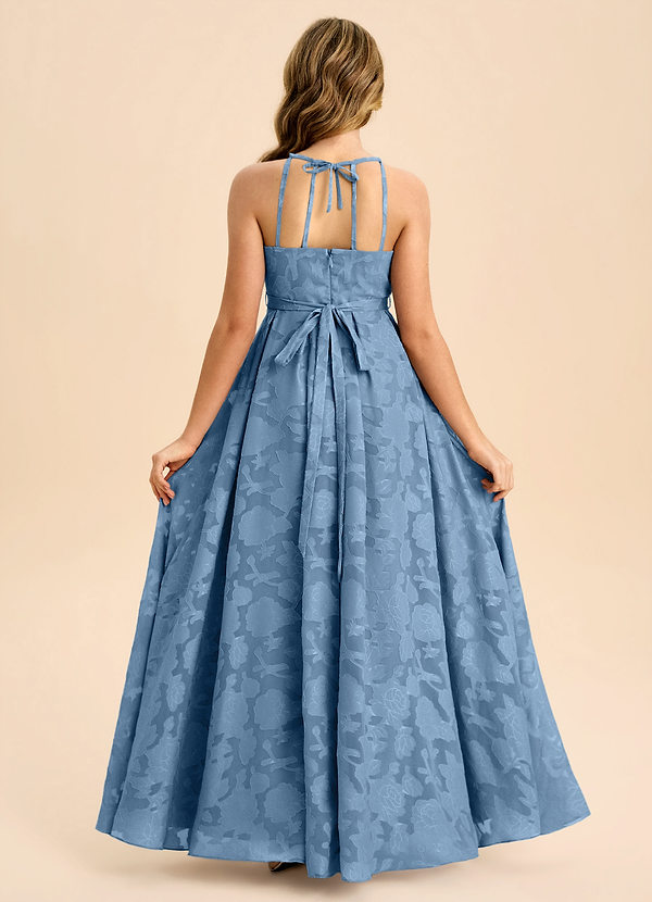 Azazie Arianthe Junior Steel Blue A-Line Pleated Floral Burnout Dress image1