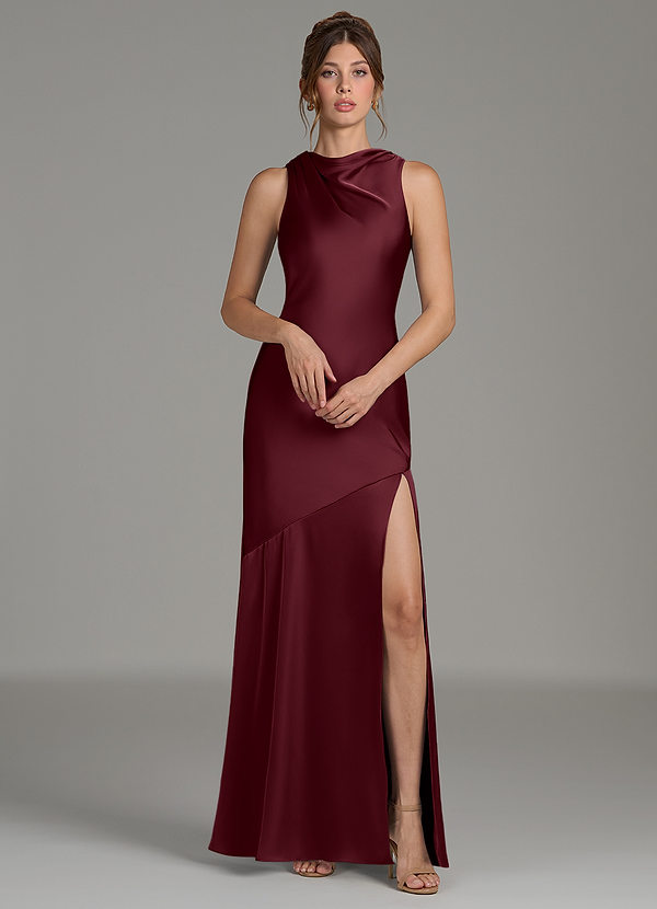 Azazie Kiara Bridesmaid Dresses Cabernet Mermaid Pleated Stretch Satin Dress image1