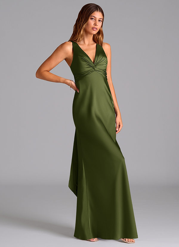 Azazie Hati Bridesmaid Dresses Olive Mermaid Stretch Satin Dress image1