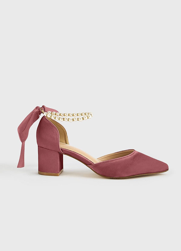 front Matching Color Matte Satin Pearl and Bow Pointed Toe Block Heels
