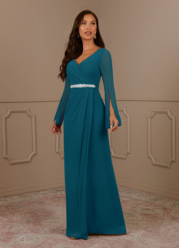 Azazie Belinda Moeder van de Bruid Jurken A-Lijn Jurk van Chiffon V-hals geplooid Inkt Blauw image1