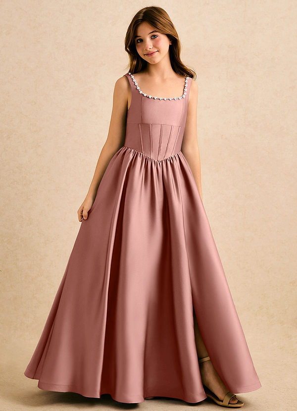 Azazie Enid Girls Formal Sukienki dla dziewczynek sypiących kwiaty Linia A Zroszony Satyna elastyczna Długość podłogi Sukienka image1