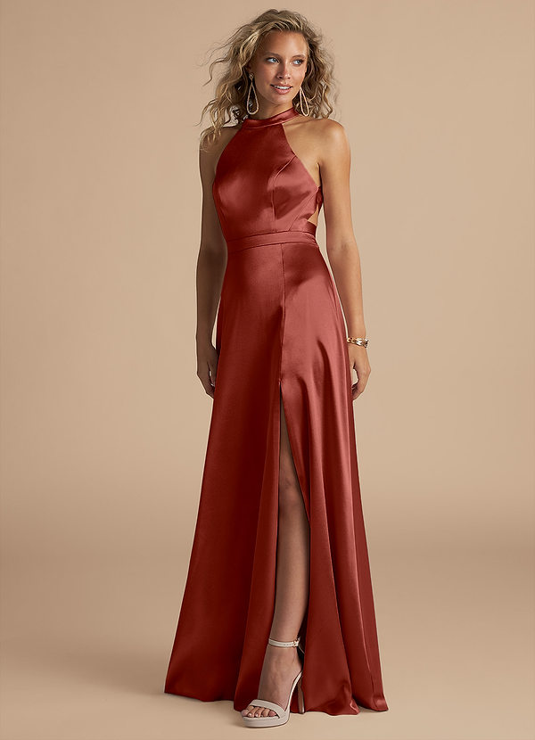 Azazie Clarice Bridesmaid Dresses Terracotta A-Line High Neck Metallic Satin Dress image1