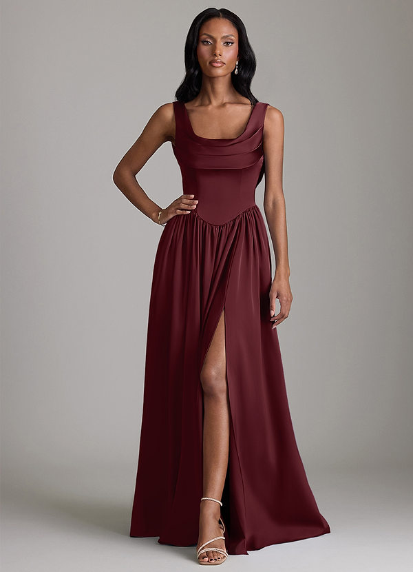 Azazie Novi Bridesmaid Dresses Cabernet A-Line with Pockets Stretch Satin Dress image1