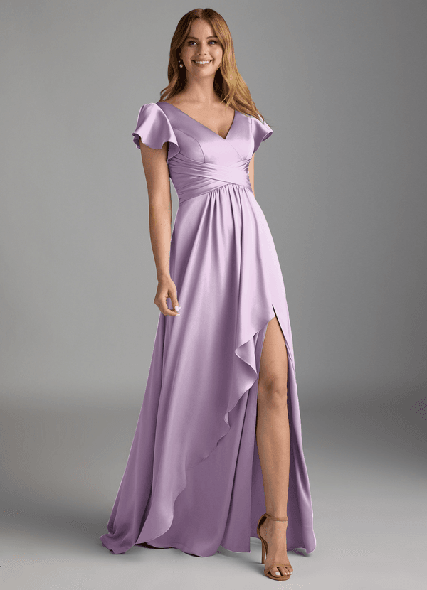 Azazie Omari Bruidsmeisjes Jurken Jurk van Stretch Satijn met A-Lijn Frosted Lila image1