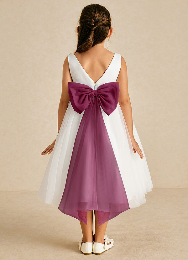 Azazie Kavi Flower Girl Dresses Ivory Mulberry A-Line Bow Matte Satin Dress image1
