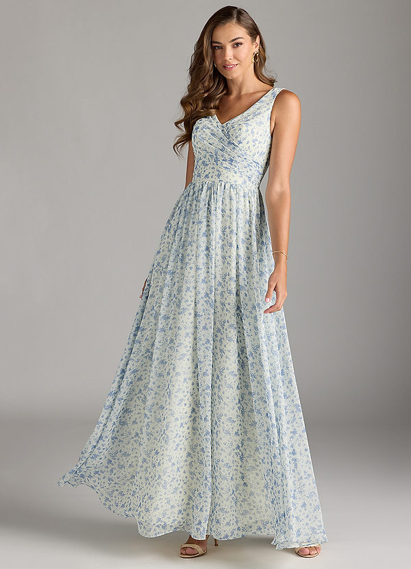 Azazie Keyla Bridesmaid Dresses Blue And White Ditsy Floral A-Line V-Neck Pleated Chiffon Dress image1