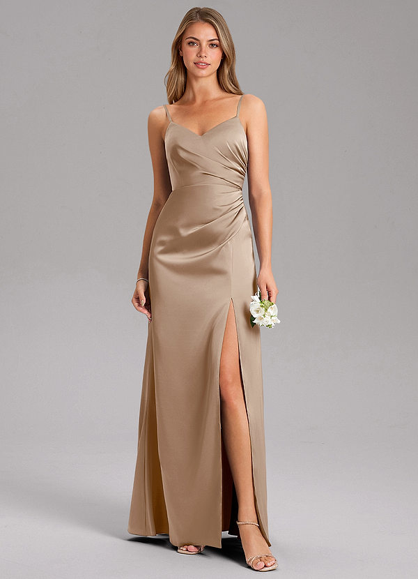 Azazie Azuree Bridesmaid Dresses Taupe A-Line Pleated Stretch Satin Dress image1