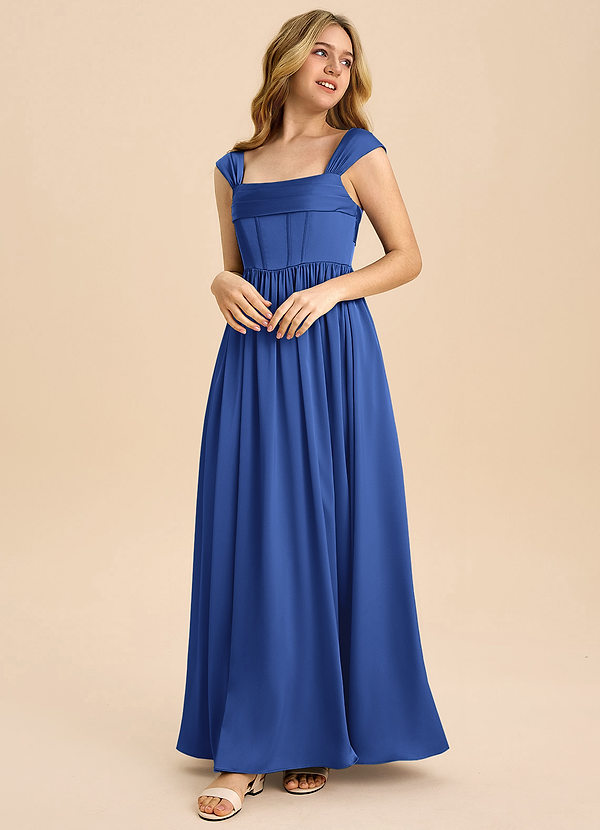Azazie Hattie Junior Royal Blue A-Line Pleated Stretch Satin Dress image1