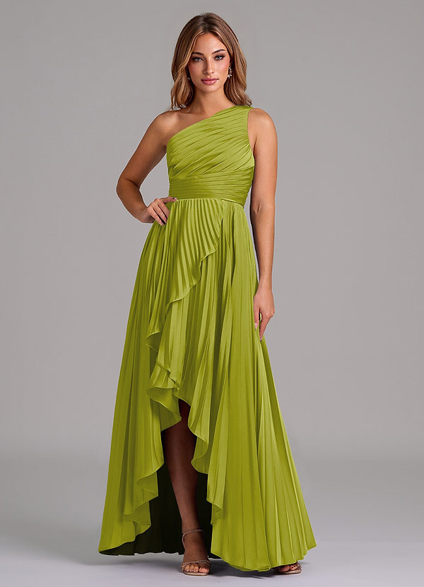 Azazie Lyrica Bridesmaid Dresses Lemongrass A-Line One Shoulder Stretch Satin Dress image1