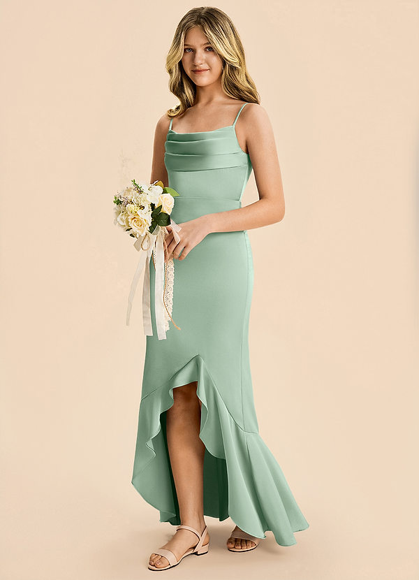 Azazie Magnolia Junior Agave Sheath Ruched Stretch Satin Dress image1