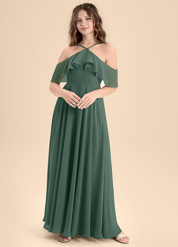 Azazie Tessabelle Junior Sea Moss A-Line Off the Shoulder Chiffon Dress image1