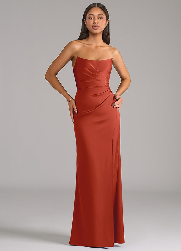Azazie Marla Brudtärneklänningar Klä av Tubklänning i Stretch Satin Axelbandslös Rost Konvertibel image1