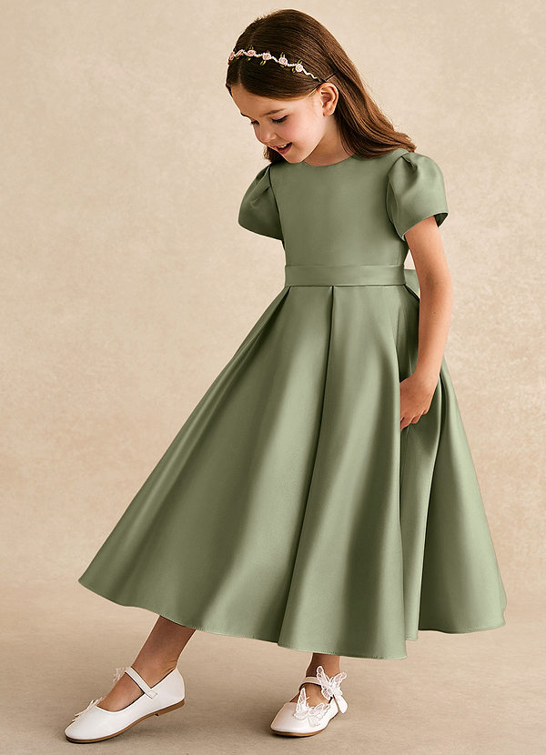 Azazie Princess Vestidos de Niña de Flores Vestido de Pistacho de Satin Mate de Corte En A con Plisado image1