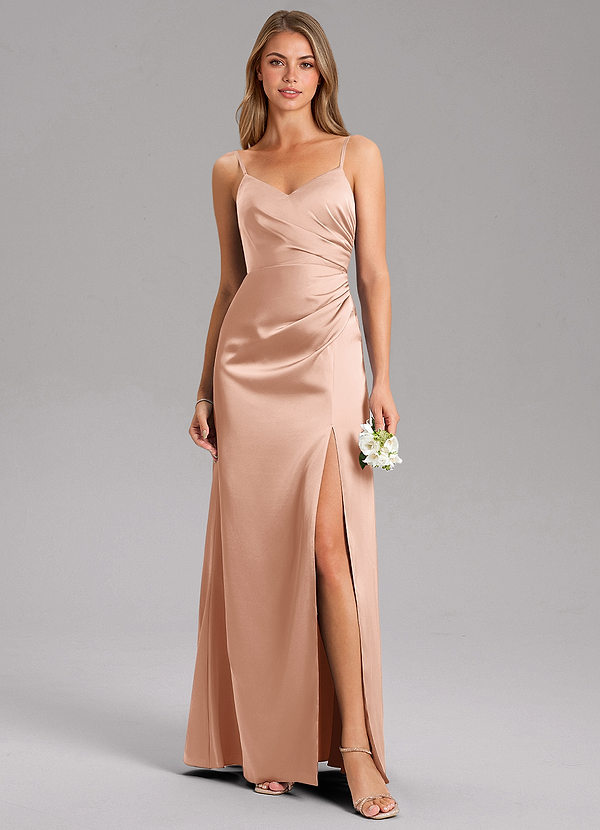 Azazie Azuree Robes Demoiselle d'honneur Robe Trapèze en Satin extensible Plissée Or Rose image1
