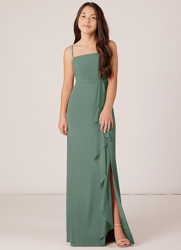 Azazie Kaylee Junior Eucalyptus A-Line with Belt Chiffon Dress image1