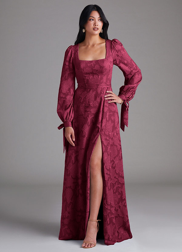 Azazie Leonia Brautjungfernkleider A-Linie Langarm Blumen-Burnout Kleid Burgunderrot image1