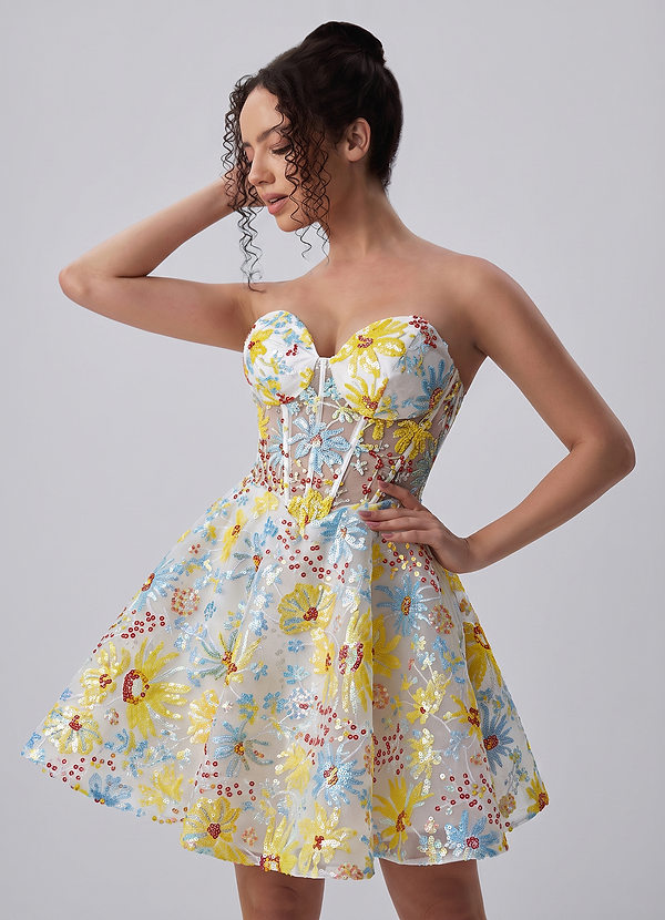 Julienne Gelb Trägerloses Minikleid aus geblümtem Paillettenkorsett im Skater-Stil image1