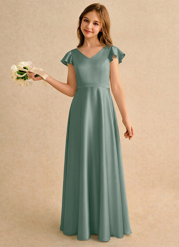 Azazie Nari Girls Formal Flower Girl Dresses Silver Sage A-Line with Sleeves Stretch Satin Dress image1