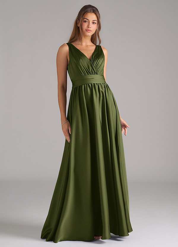 Azazie Kora Robes Demoiselle d'honneur Robe Trapèze en Satin extensible Plissée Olive image1