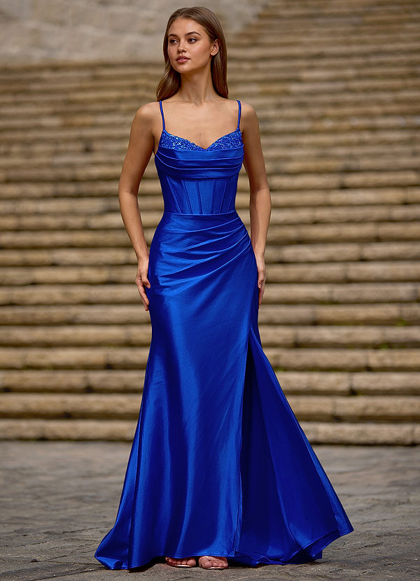 Glow Blauw Mouwloze sleepjurk met col en zijdeachtige satijnen afwerking en geplooide split met kralen image1