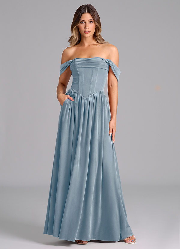 Azazie Hattie Robes Demoiselle d'honneur Robe Trapèze en velours Rayé Bleu Poussiéreux image1