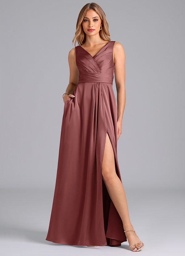 Azazie Karina Bridesmaid Dresses Amethyst A-Line Pleated Stretch Satin Dress image1