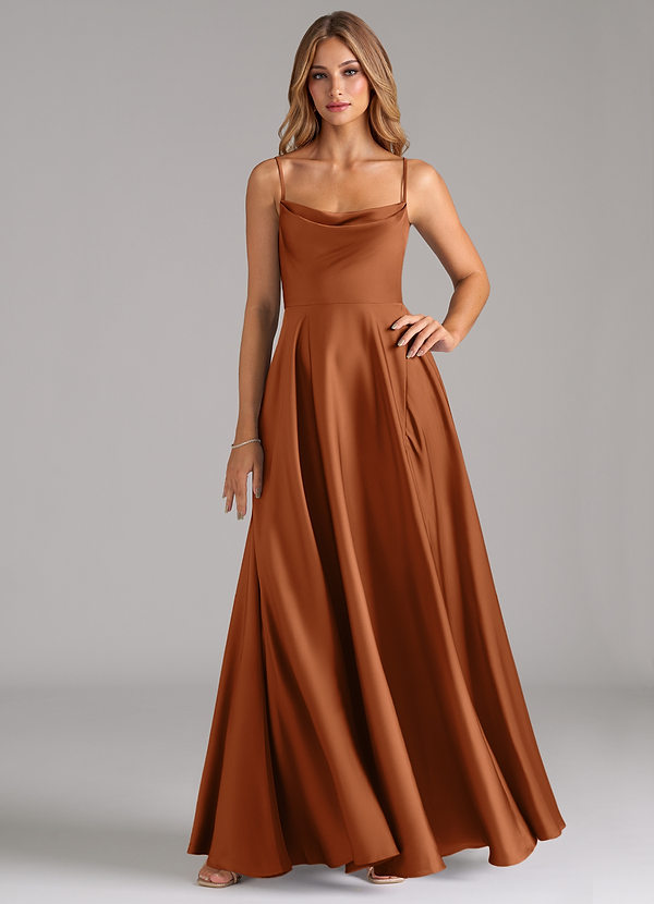 Azazie Elle Bridesmaid Dresses Copper A-Line Pleated Stretch Satin Dress image1