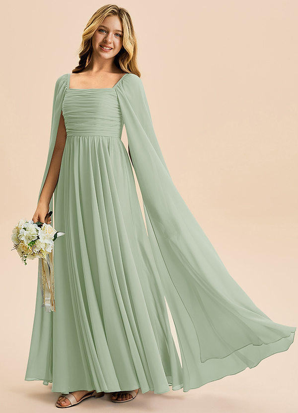 Azazie Calista Junior Vestido Dusty Sage de Chiffon de Linha A com Plissado image1