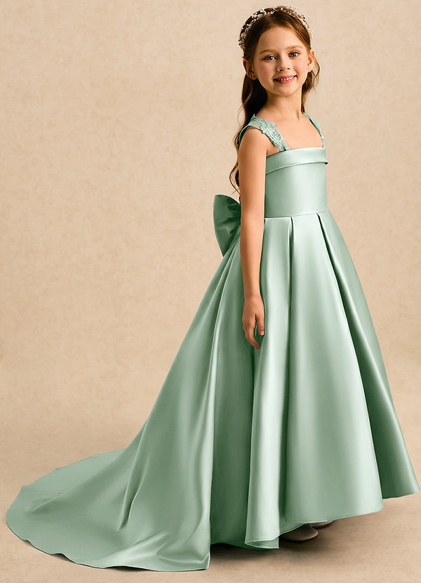 Azazie Genie Flower Girl Dresses Agave Ball-Gown Off the Shoulder Matte Satin Dress image1