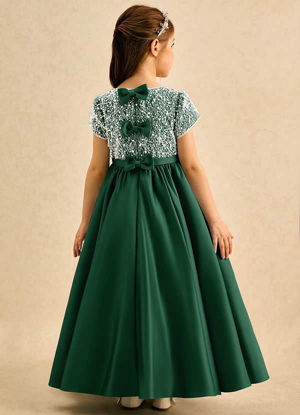Azazie Cashew Flower Girl Dresses Dark Green Ball-Gown with Sleeves Matte Satin Dress image1