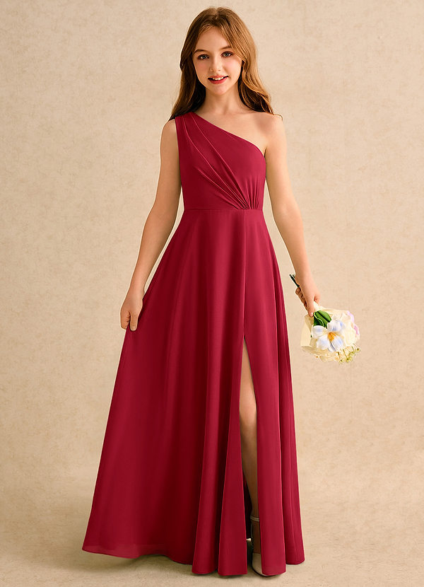 Azazie Puddles Girls Formal Robes de Fillette d'Honneur Robe Trapèze en Mousseline de soie Une épaule Écarlate image1