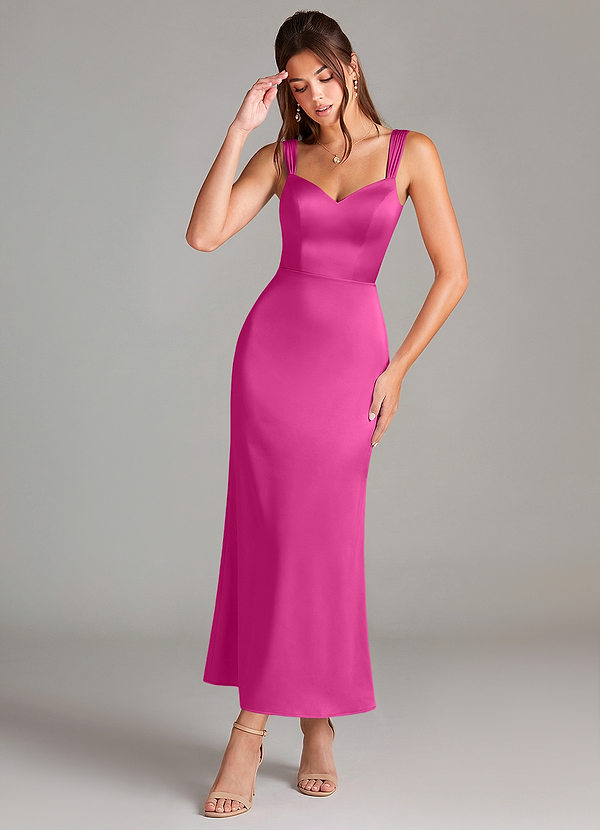 Azazie Denice Robes Demoiselle d'honneur Robe Fourreau en Satin extensible Plissée Fuchsia image1