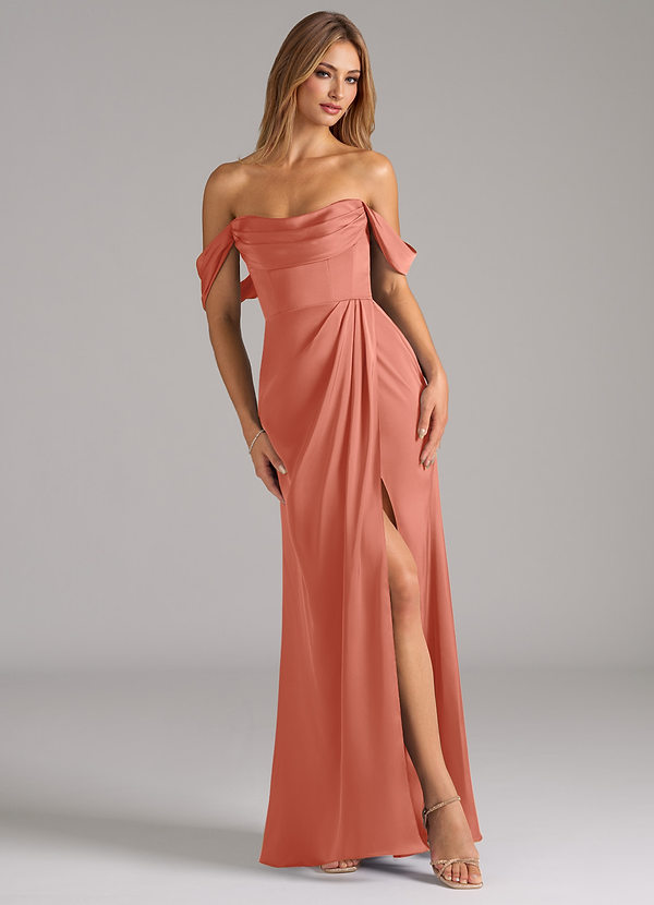Azazie Johana Robes Demoiselle d'honneur Robe Sirène Convertible en Satin extensible Épaule décolletée Rose Saumon image1