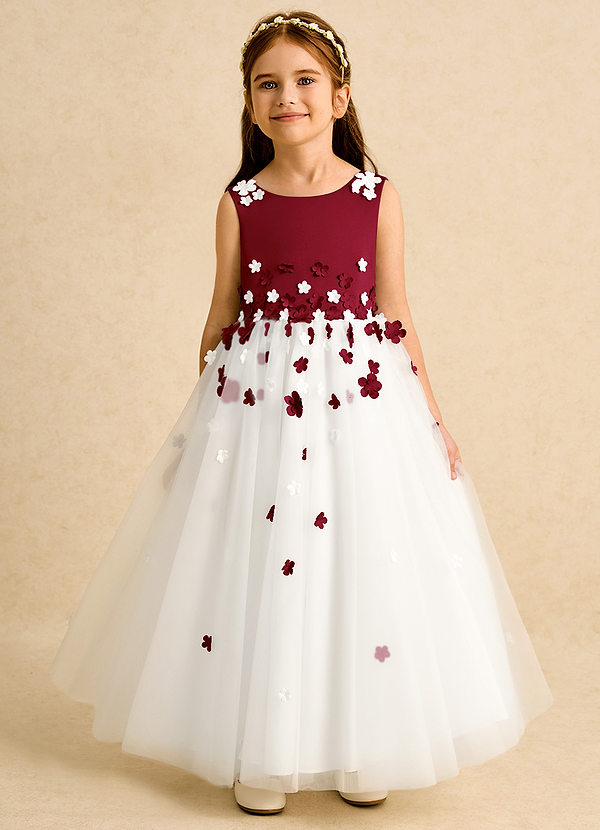 Azazie Eleni Flower Girl Dresses Ivory Burgundy Ball-Gown Bow Tulle Dress image1