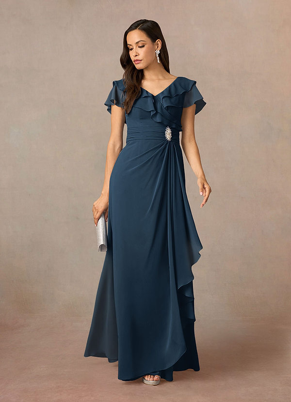 Azazie Snapdragon Vestidos para la madre de la novia Vestido Azul Marino Oscuro de Gasa de Corte en A con Cuello en V image1
