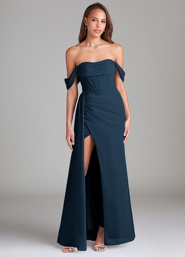 Azazie Amyra Bruidsmeisjesjurken Converteerbaar Jurk van Chiffon met Kolom Off-shoulder Donkere Marine image1